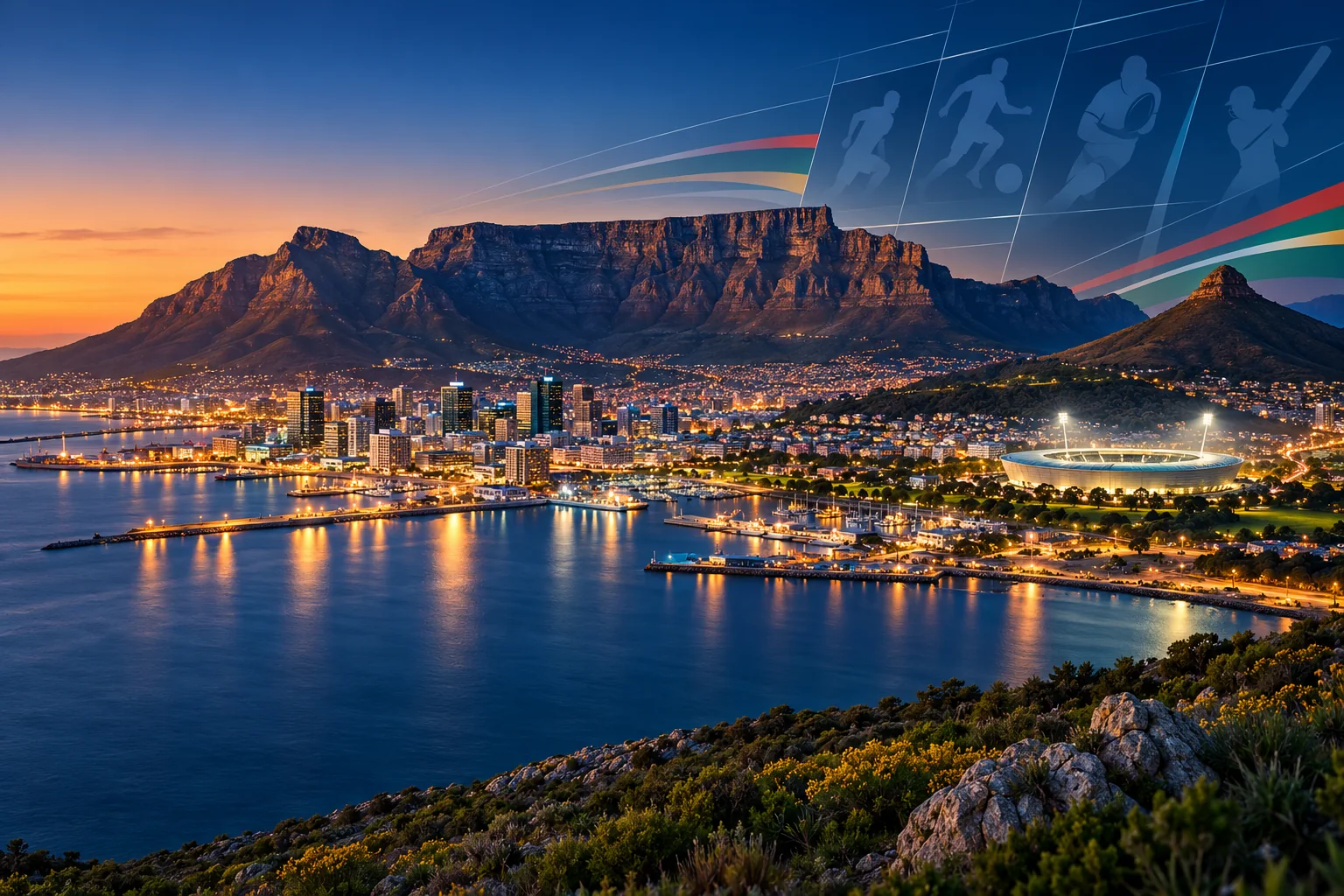 Illustration of Cape Town and Table Mountain at dusk, with a stadium and subtle sports motifs